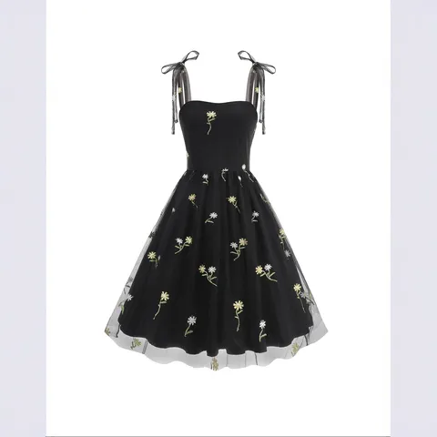 Women French Style Daisy Embroidery Mesh Cami Dress Elegant Tulle Floral Midi Party Dress With Bow Straps For Vacation
