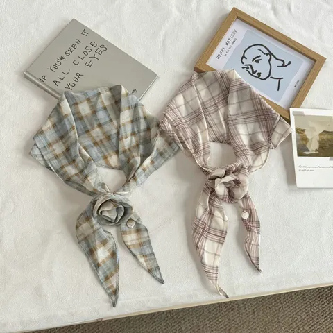 Fashion Plaid Polyester Satin Scarf For Women Vintage Floral Printed Ribbon Hair Band Neck Tie With Elegant Craft Flower Decor