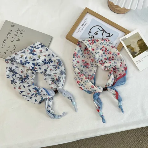 Pastoral Blue Floral Beaded Scarf For Women Polyester Adjustable Decorative Silk Scarf Bandana Neck Wrap Hair Tie Scarf