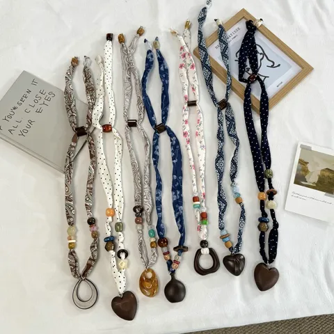 Vintage Paisley Stippen Sjaal Ketting Voor Vrouwen Verstelbare Kralen Hout Hars Hanger Ketting Trui Ketting Kledingaccessoire Cadeau