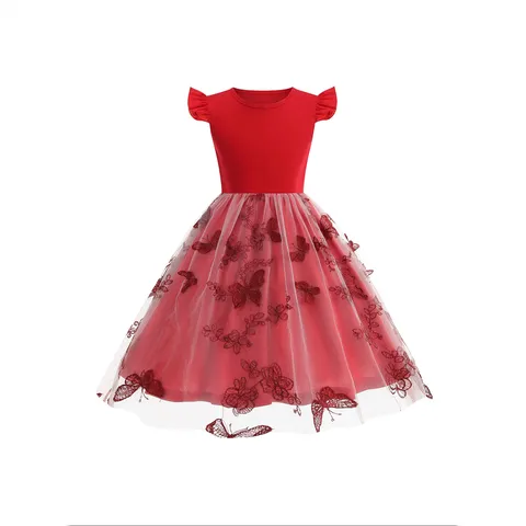 Girls Flocked Floral Mesh Dress Short Sleeve Round Neck High Waist Pleated Party Dress For Kids Sweet Tulle Princess Dress