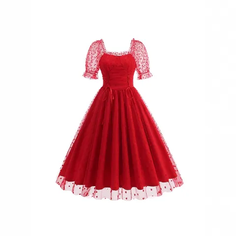 Robe Midi pour Femme en Maille Imprimé Cœur Rétro Français Manches Bouffantes Col en U Lacet Élégante Robe de Soirée