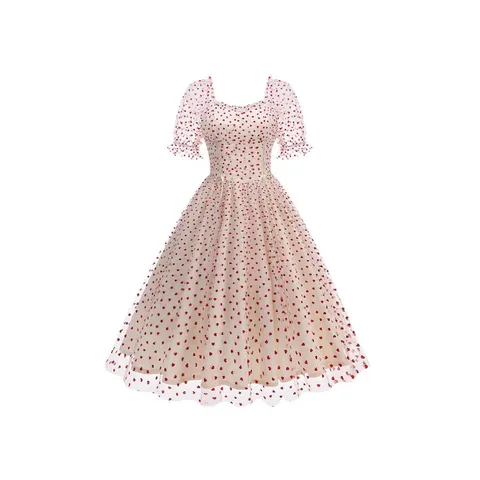 Robe Midi pour Femme en Maille Imprimé Cœur Rétro Français Manches Bouffantes Col en U Lacet Élégante Robe de Soirée