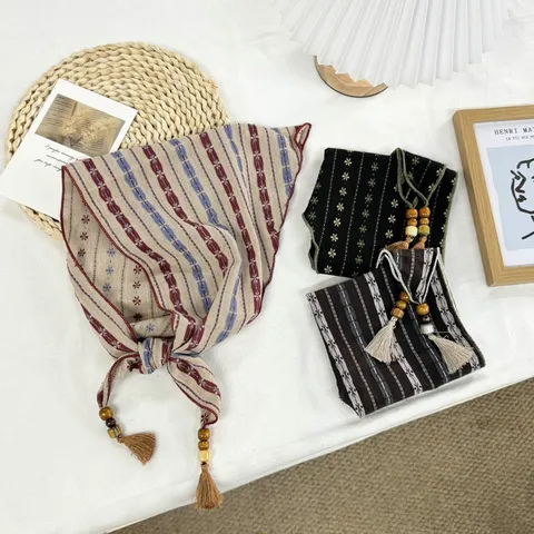 Retro Literary Polyester Triangle Scarf For Women Stripes Floral Print Neckwear Headscarf With Wooden Bead Tassel Pendant Spring Accessories