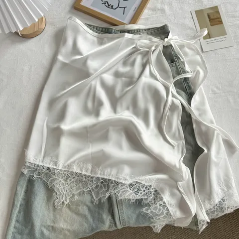 Minimalist Satin Lace Trim Skirt Layer Overlay For Women Versatile Lace-up Extender Fake Hem Decorative Waist Belt