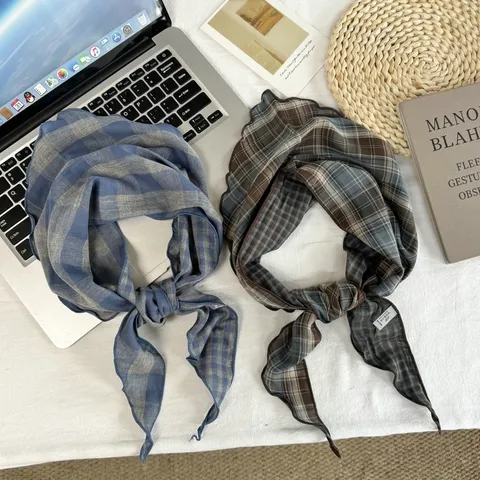 Korean Fashion Plaid Triangle Scarf Polyester Checkered Neck Neckerchief Ruffle Edge Decorative Small Silk Scarf For Women Spring