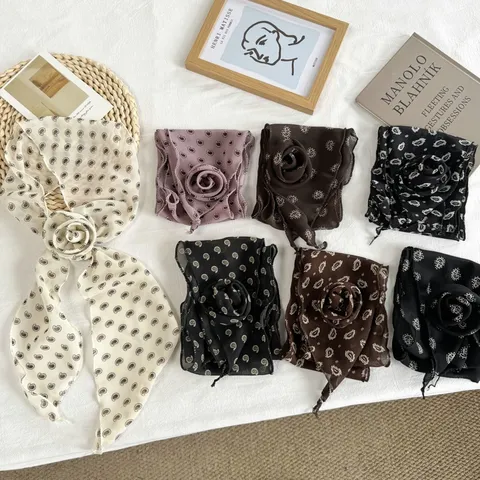 Dames Paisley Print Sjaal Met Afneembare Bloem Elegante Lange Sjaal Strik Lichtgewicht Polyester Sjaal Voor Lente Zomer Mode