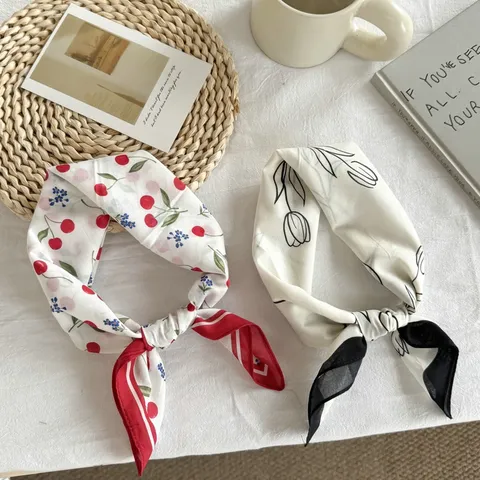 Fashion Cotton Floral Square Scarf Women Elegant Tulip Cherry Printed Neckerchief Office Commute Decorative Head Neck Wrap Scarf