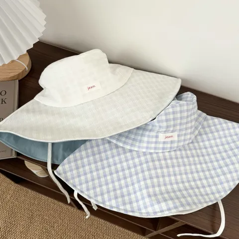 Women Wide Brim Sun Hat Summer Breathable Acrylic Bucket Hat Small Face Look Bubble Grid Pattern Fisherman Hat With Wind Rope