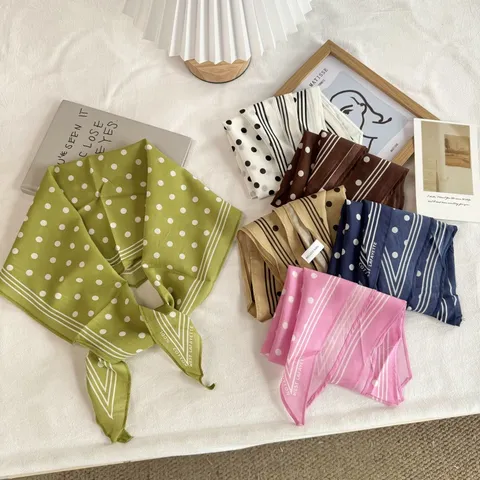 French Vintage Polka Dot Printed Cotton Diamond Scarf For Women Breathable Fashion Neck-Scarf Thin Neckerchief Hair-Tie Ribbon Head-Scarf Accessories