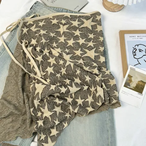 Amerikaans Vintage Ster Mesh Rok Buitenlaag Kant Uitsparing Taille Strik Schort Wikkelrok Veelzijdig Gelaagde Heuprok Dames