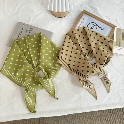 French Vintage Polka Dot Printed Cotton Diamond Scarf For Women Breathable Fashion Neck-Scarf Thin Neckerchief Hair-Tie Ribbon Head-Scarf Accessories