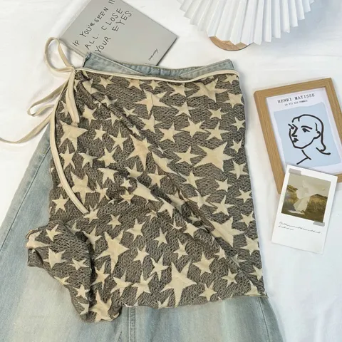 Amerikaans Vintage Ster Mesh Rok Buitenlaag Kant Uitsparing Taille Strik Schort Wikkelrok Veelzijdig Gelaagde Heuprok Dames