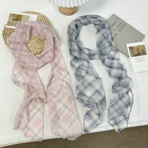 Women's Vintage Plaid Long Narrow Scarf Versatile Polyester Grid Print Necktie Hair Band For Bag Decoration Spring Summer
