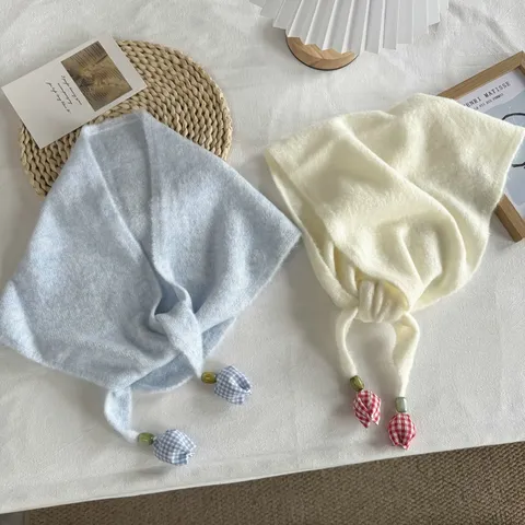 Korean Style Knit Triangle Scarf Plaid Tulip Pendant Solid Color Shawl Wraps Fashion Commute Neck Scarf For Women