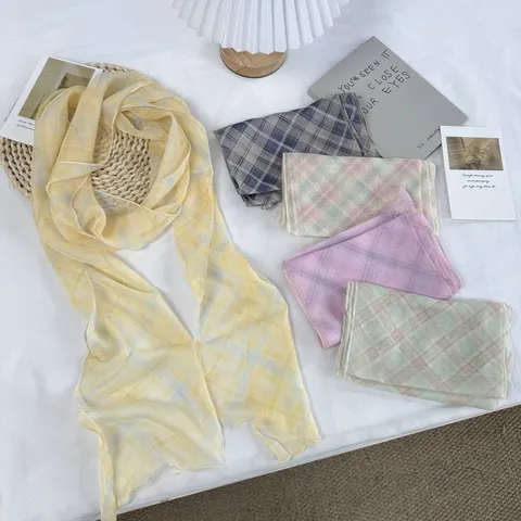 Vintage Geruite Sjaal Ketting Voor Vrouwen Retro Pastorale Bedrukt Gestreept Lange Sjaal Dunne Polyester Golvende Rand Sieraden