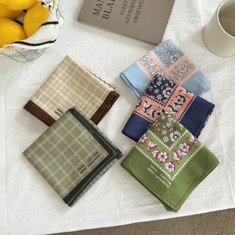 Japanese Retro Cotton Checkered Scarf For Women Spring Autumn Cartoon Dog Small Square Neckerchief Versatile Printed Bandana Accessory