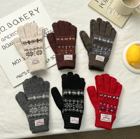 Damen Fair Isle Jacquard Strickhandschuhe Winter Verdickt Warm Fingerhandschuhe Wollmischung Vintage Weihnachten Touchscreen Handschuhe