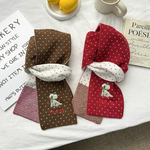 Bufanda de Punto con Bordado de Cachorro y Lunares para Mujer Invierno Bufanda de Lana Espesa Cálida Calentador de Cuello
