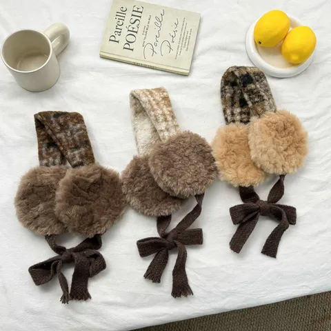 Süß Plüsch Ohrenschützer Für Damen Winter Warmhalten Winddicht Oorwarmers Fleece Schnürschleife Kariert Ohrenmuffs Outdoor Radfahren Zubehör