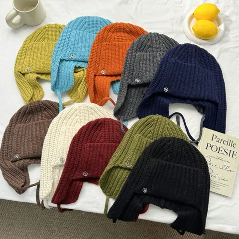 Gorro de Punto 100% Lana para Mujer con Orejeras Invierno Cálido Gorro Lei Feng Color Sólido Moda Urbana