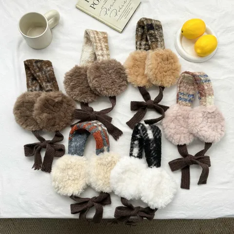 Süß Plüsch Ohrenschützer Für Damen Winter Warmhalten Winddicht Oorwarmers Fleece Schnürschleife Kariert Ohrenmuffs Outdoor Radfahren Zubehör