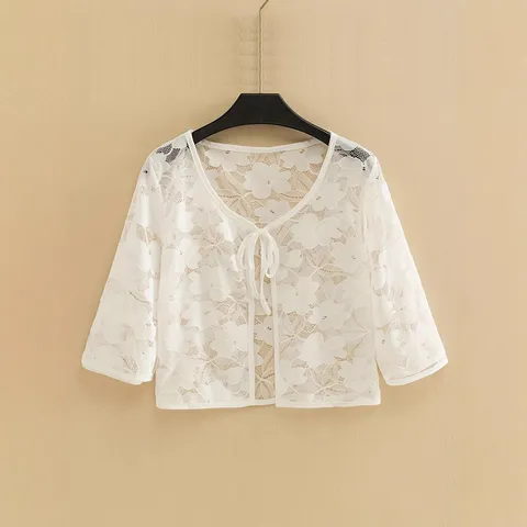 Women's Floral Lace Shawl Short Cardigan 3/4 Sleeve Summer Thin Sun Protection Top Solid Color Front Tie Sheer White Blouse