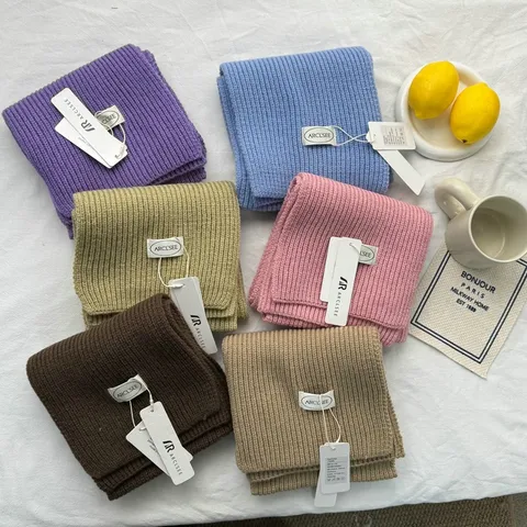 Écharpe en Tricot de Polyester Femmes Couleur Unie Épaissie Chaude Hiver Tricot à Côtes Casual Style Preppy Étudiants Écharpe