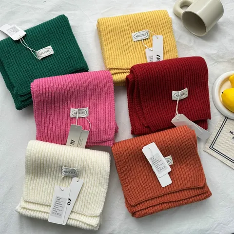 Écharpe en Tricot de Polyester Femmes Couleur Unie Épaissie Chaude Hiver Tricot à Côtes Casual Style Preppy Étudiants Écharpe