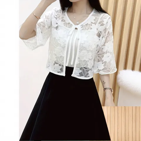 Women's Floral Lace Shawl Short Cardigan 3/4 Sleeve Summer Thin Sun Protection Top Solid Color Front Tie Sheer White Blouse