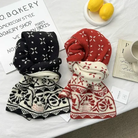 Women Christmas Jacquard Knitted Scarf Winter Warm Acrylic Soft Neck Wrap Snowflake Geometric Pattern Festive New Year Gift