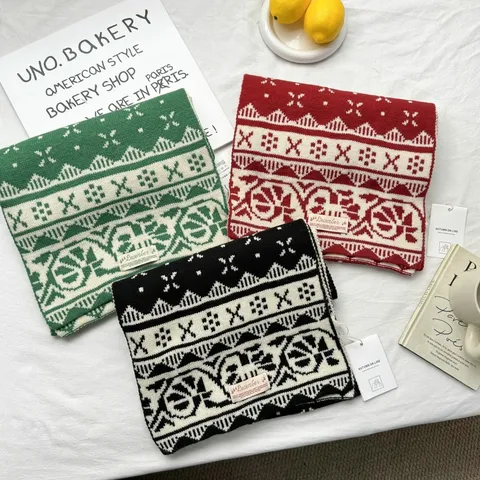 Women Christmas Jacquard Knitted Scarf Winter Warm Acrylic Soft Neck Wrap Snowflake Geometric Pattern Festive New Year Gift