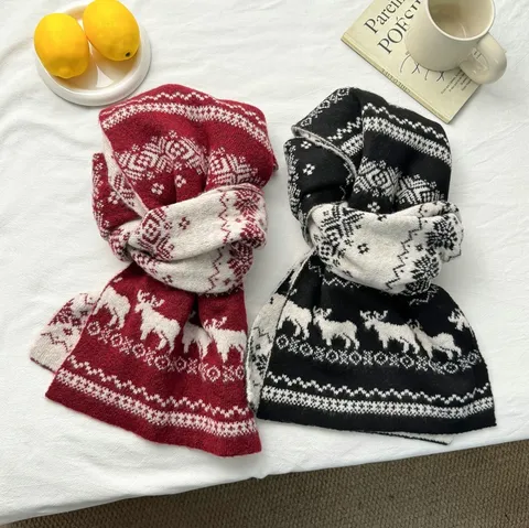 Christmas Elk Snowflake Knit Scarf For Women Winter Thick Warm Arctic Velvet Long Scarf Couple Red Black Wrap Scarf Gift