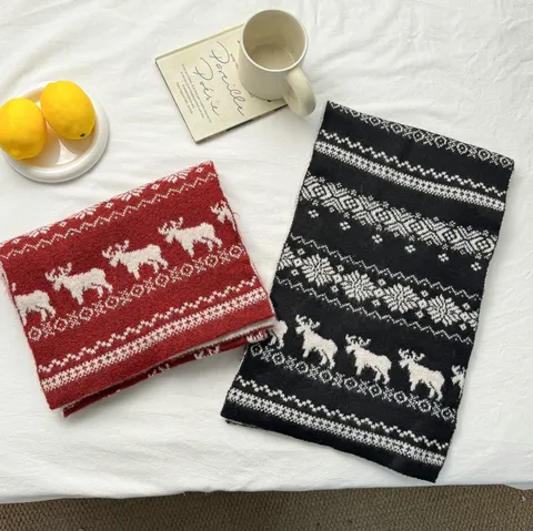 Christmas Elk Snowflake Knit Scarf For Women Winter Thick Warm Arctic Velvet Long Scarf Couple Red Black Wrap Scarf Gift