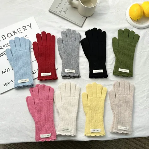 Guantes de Invierno de Punto de Lana para Mujer Color Sólido Pantalla Táctil Ciclismo Mitones Cálidos Borde Ondulado Puño de Canalé