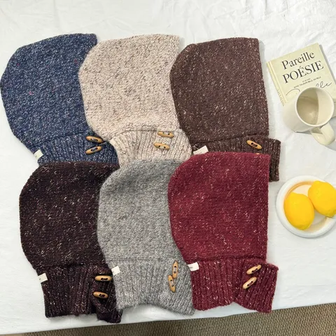 Women's Marled Knitted Balaclava Hooded Scarf With Toggle Button Warm Acrylic Winter Knitted Hood Neck Scarf Accessories