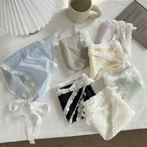 Dames Driehoekige Sjaal met Kantrand Effen Kleur Lichtgewicht Hoofdband Halssjaal Taille Decoratie Modieus Bandana Accessoire