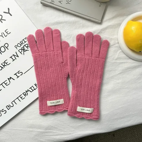 Guantes de Invierno de Punto de Lana para Mujer Color Sólido Pantalla Táctil Ciclismo Mitones Cálidos Borde Ondulado Puño de Canalé