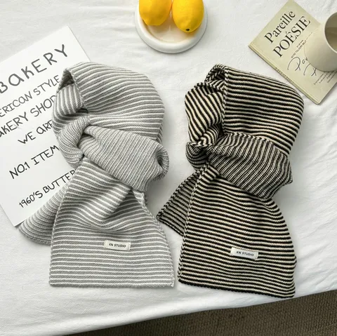 Bufanda de Punto a Rayas de Estilo Japonés para Mujer Forro Polar Cálida Suave Gruesa de Invierno Calentador de Cuello Largo Accesorios