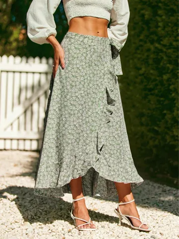 Women's Elegant High Waist Floral A-Line Skirt With Ruffle Hem Vacation Style Polyester Printed Long Skirt For Women