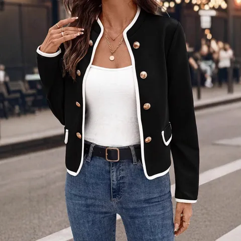 Giacca da Donna Elegante in Stile Francese con Bordatura a Contrasto Corta Vestibilità Slim Scollo a U Bottoni Oro Tweed Top