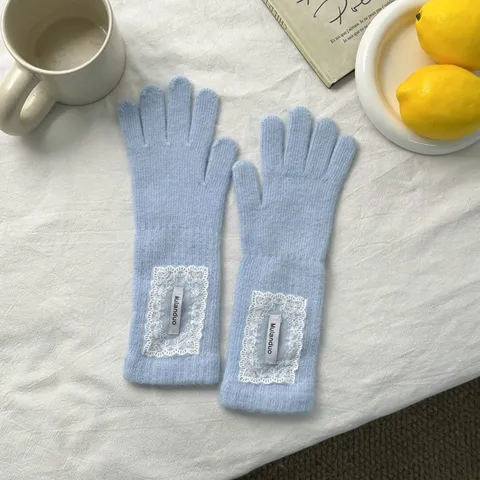 Women Knitted Elongated Finger Gloves Autumn Winter Warm Commuting Korean Ins Style Lace Trim Polyester Full Finger Gloves