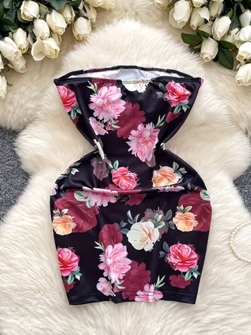 Γυναικείο Σέξι Floral Print Στράπλες Μίνι Εφαρμοστό Φόρεμα Χωρίς Μανίκια Καλοκαιρινό Πάρτι Night Clubwear Στενή Εφαρμογή Πολυεστέρας