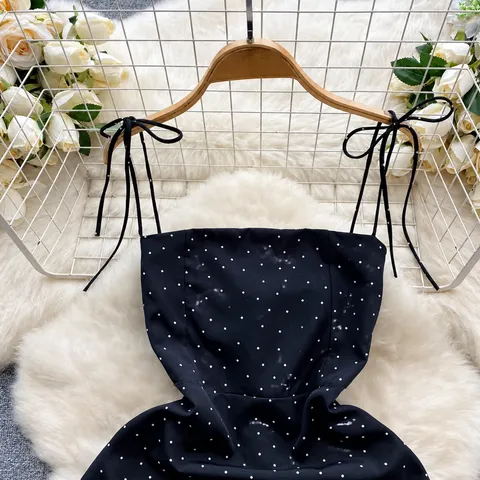 Women Polka Dot Cami Dress Summer Sleeveless Spaghetti Strap Bow Tie Slim Fit Sexy Party Mini Sun Dress Polyester Dress