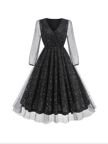 Women Sexy V Neck Mesh Patchwork Glitter Dress Vintage Starry Night Bodycon Maxi Dress Long Sleeve Evening Party Dress