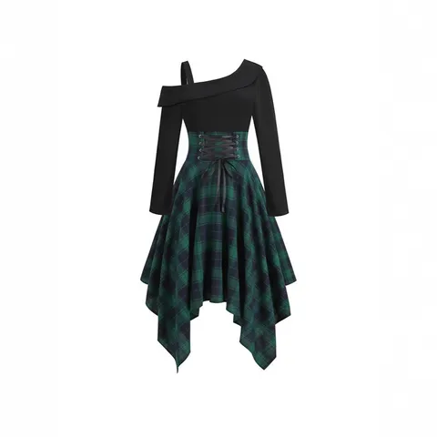 Women Retro Asymmetric Plaid Patchwork Dress Gothic Lace Up Corset Long Sleeve Irregular Hem Midi Dress Casual Vestidos
