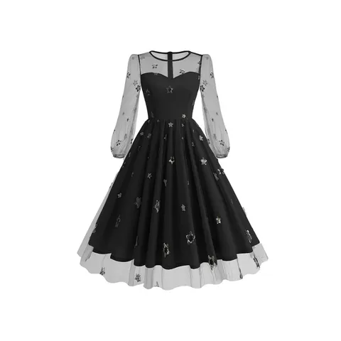 French Vintage Star Gold Stamping Mesh Midi Dress For Women Long Sleeve Splicing Tulle A-Line Party Gown Elegant Halloween Dress