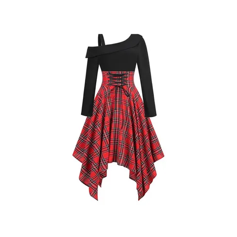 Women Retro Asymmetric Plaid Patchwork Dress Gothic Lace Up Corset Long Sleeve Irregular Hem Midi Dress Casual Vestidos