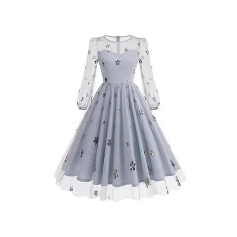 French Vintage Star Gold Stamping Mesh Midi Dress For Women Long Sleeve Splicing Tulle A-Line Party Gown Elegant Halloween Dress