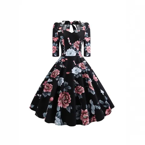 Vestido Vintage de Algodón con Estampado Floral para Mujer Escote Corazón Lazo Detalle Calado Vestido Midi Acampanado Manga Media